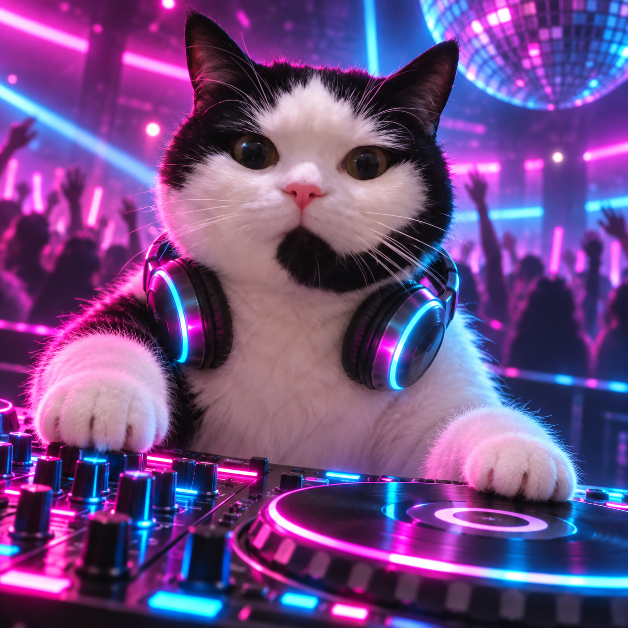CallCat DJing at a neon club