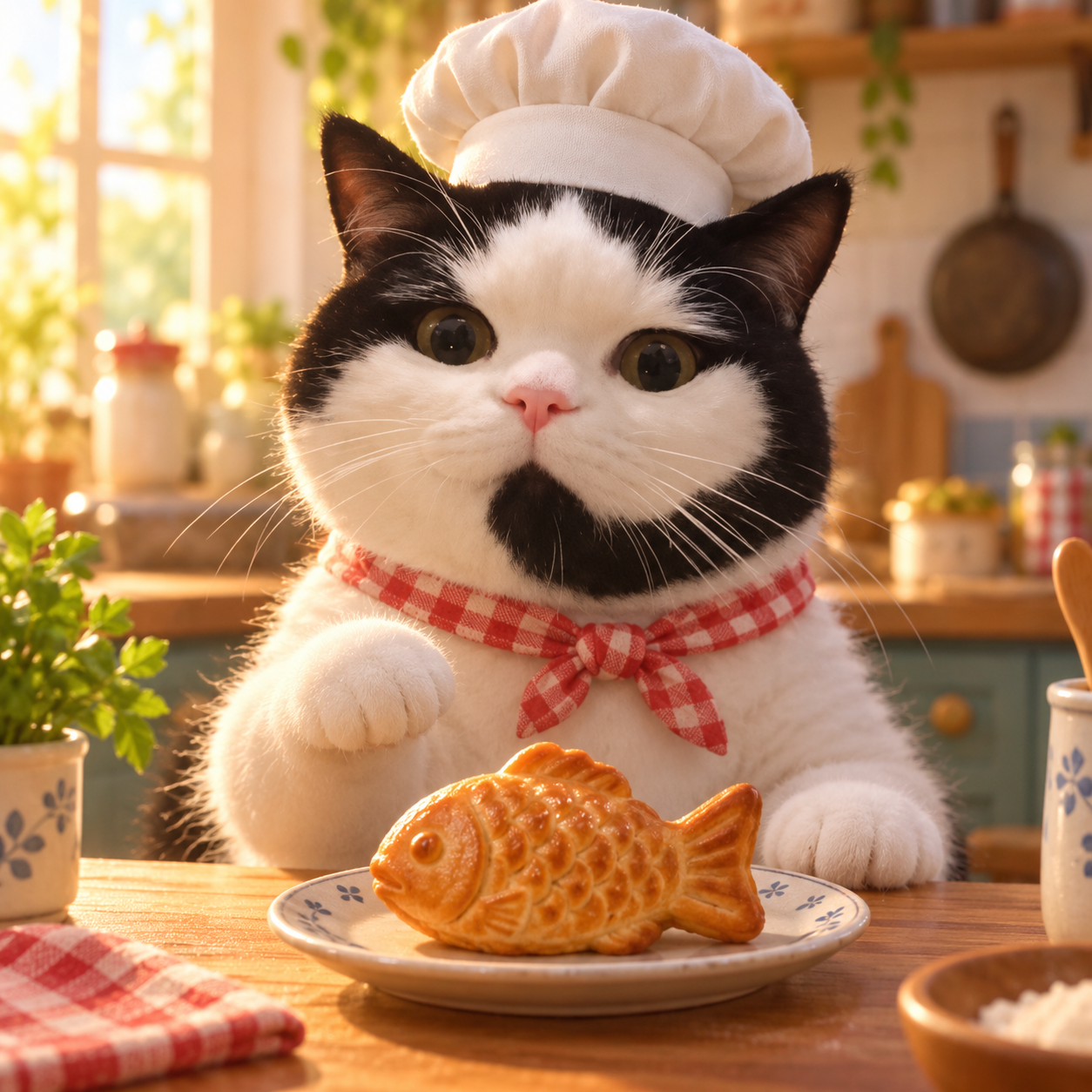 CallCat as a chef baking fish-shaped treats