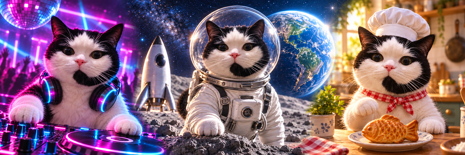 CallCat multiverse banner — DJ, astronaut and chef cat